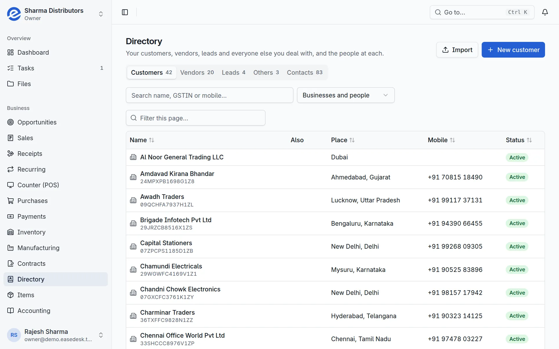 EaseDesk Directory: customers, vendors, leads and others, each business with its contacts
