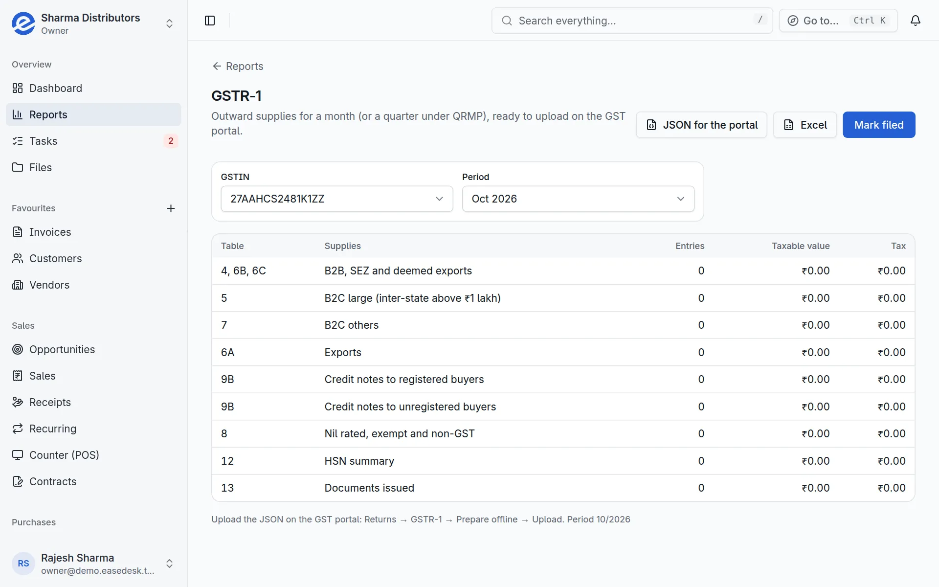 EaseDesk GSTR-1: each table’s invoices, taxable value and tax, ready to file