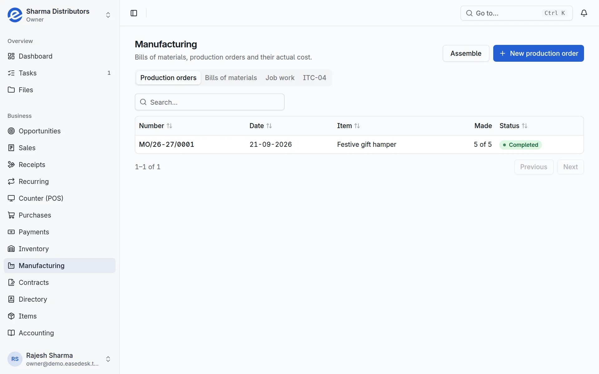 EaseDesk manufacturing: production orders with their finished item and status