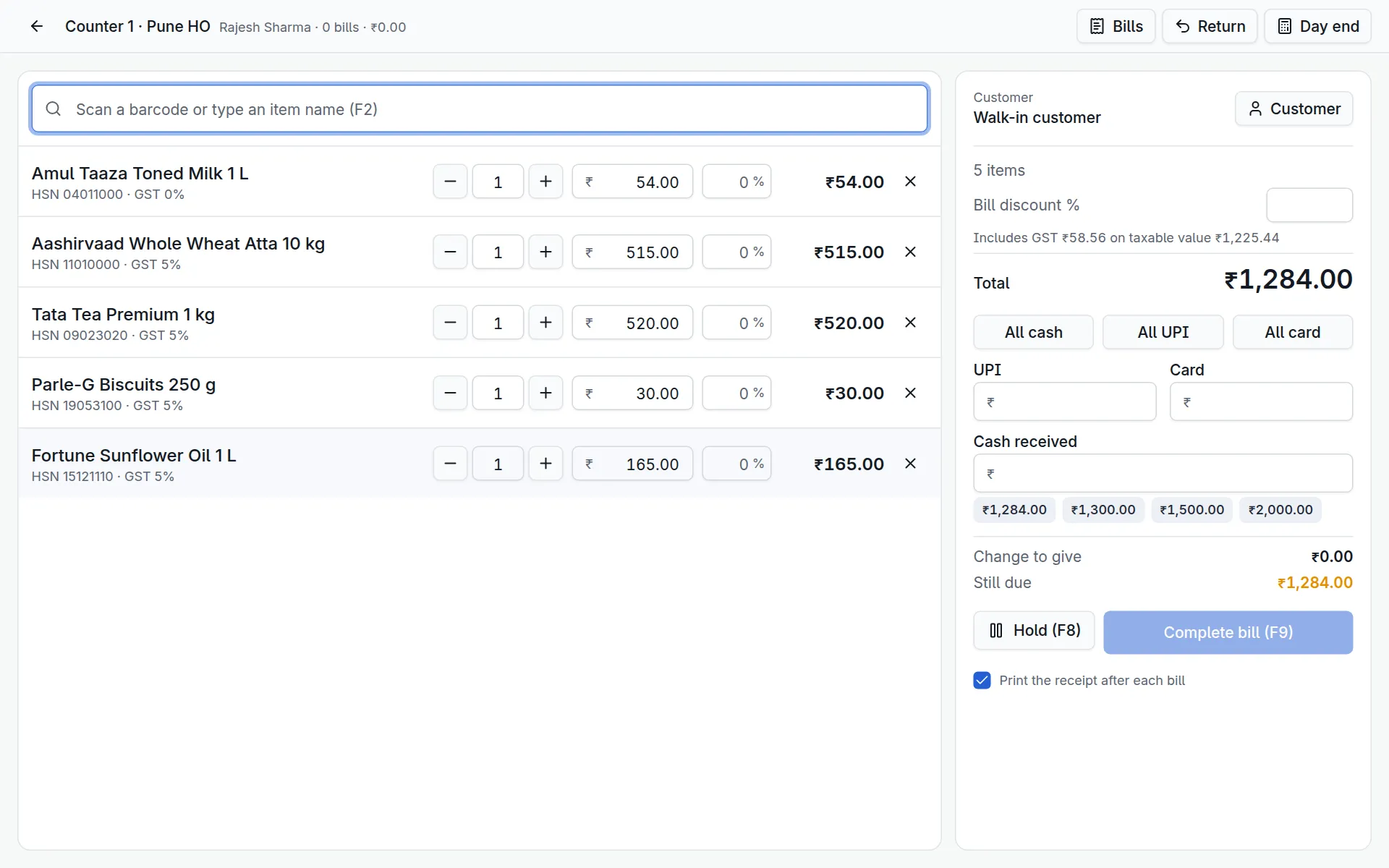 EaseDesk counter billing: items scanned into a bill, with cash, UPI and card payment