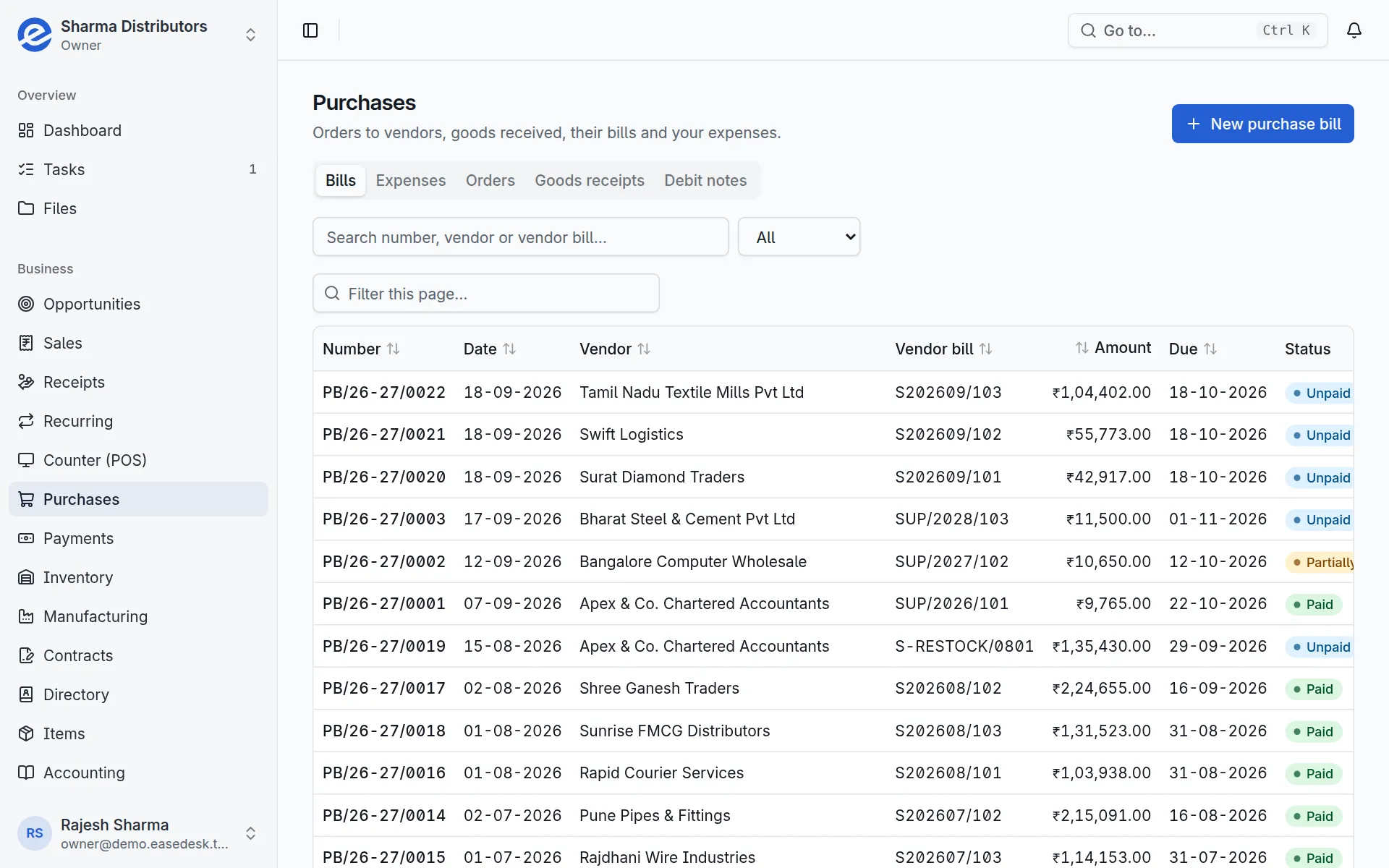 EaseDesk purchases: vendor bills with amount, due date and payment status
