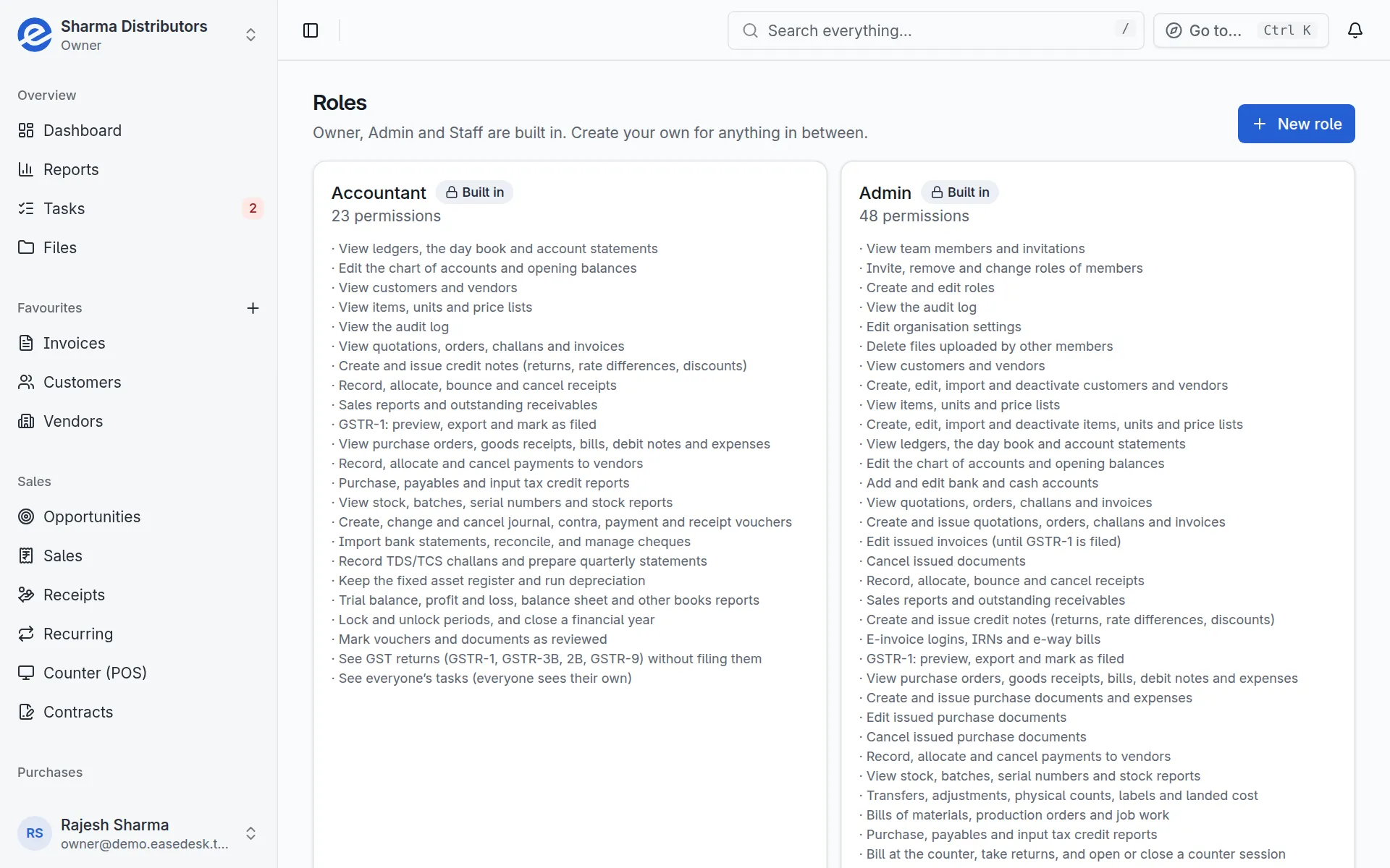 EaseDesk roles: what the owner, admin, accountant and staff can each see and do
